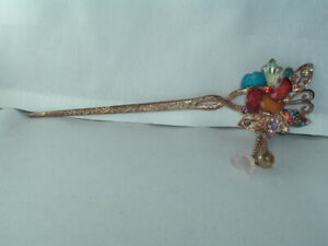 VINTAGE BEADED BUTTERFLY ON FLOWER METAL HAIRPIN BUN STICK UP DO HAIR ACCESSORY 