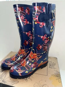 NEW NIB ANUSCHKA MOONLIT MEADOW TALL RAIN BOOTS 3200 WOMENS SIZE 6 NAVY FLORAL - Picture 1 of 19