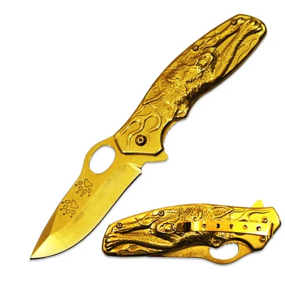 DK 5583-GD 4.5" Heavy Duty Gold Wolf Metal Handle Folding Knife with Belt Clip - Image 1 of 2