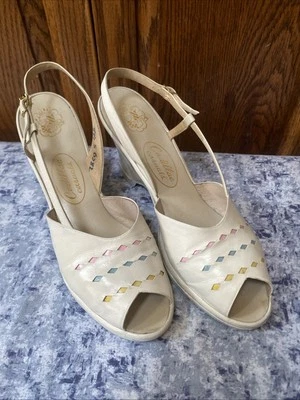 40 年代复古凯迪拉克休闲鞋 8.5 码楔形高跟鞋白色 Rockabilly Swing 海报 — 第 1/4 张图片