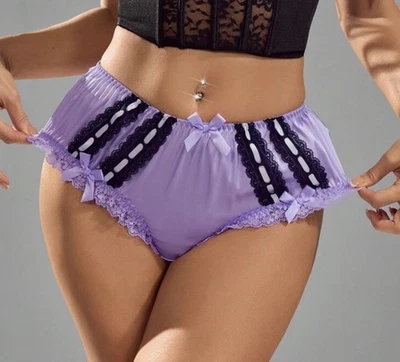 Glossy Purple Satin & Black Lace Detail Bikini Lace Trim Leg Panties L NEW - Image 1 of 4