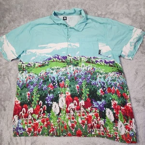 LRG Shirt Mens 2XL Blue Green Colorful Floral Landscape Button Up Short Sleeve - Picture 1 of 14