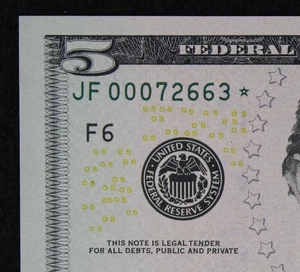 $5 2009 GEM CU Star Federal Reserve Note JF00072663* five dollar, F6 Atlanta - Picture 1 of 3