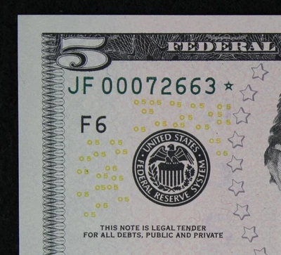 $5 2009 GEM CU Star Federal Reserve Note JF00072663* five dollar, F6 Atlanta - Image 1 of 3