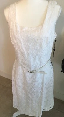 Adrianna Papell Woman's Size 14 White Belted Sleeveless Lace Dress NWT - Image 1 of 4