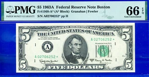 1963A $5 Federal Reserve Note PMG 66EPQ 3rd finest Boston gem star Fr 1968-A* - Picture 1 of 4