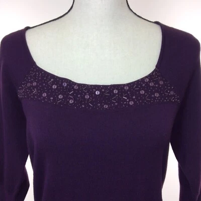 AB Studio Womens Sweater Top Size Large Purple Embellished Front 3/4 Sleeves  - Изображение 1 из 4
