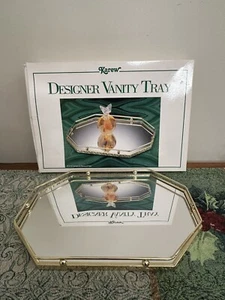 Vintage Gold Mirror Vanity Tray Floral Engraved Edge Octagon Glass New 9X14” - Picture 1 of 19