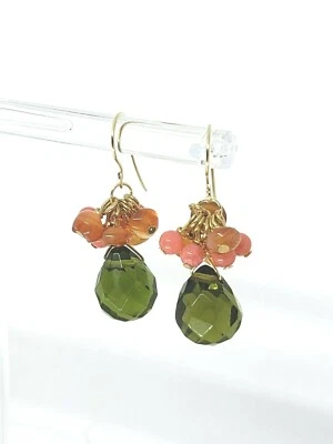 14k Yellow Green Olive Crystal Briolette Carnelian Pink Coral Cluster Earrings - Image 1 of 4