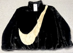 NEW Women's Nike Oversized Plush Faux Fur Jacket Coat Black/Fossil Swoosh Large - Picture 1 of 13