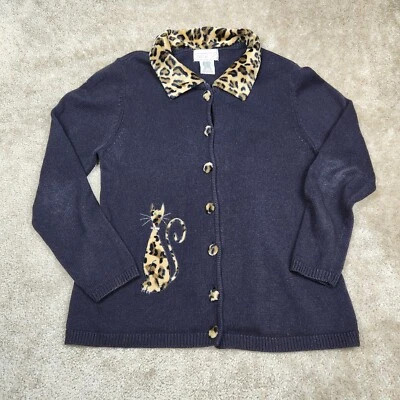 Mandal Bay Womens Cardigan Sweater L Black Brown Leopard Animal Print Vtg A467 - Image 1 of 4