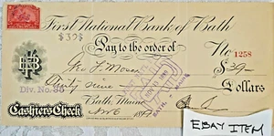 1899 ERSTE NATIONALBANK VON BATH, MAINE CHECK EINNAHMENMARKE George F. Moser - Bild 1 von 1