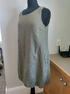 Tahari 100% Linen Green Above Knee Dress S Pockets Lagenlook A Line Pinafore - Picture 1 of 11