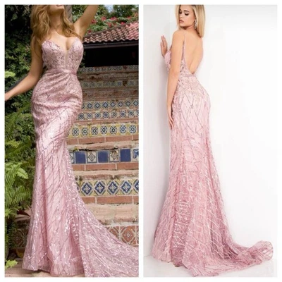 Maxi Vestido Largo JOVANI Rosa Lentejuelas Joya Cuentas Floral Correa Espagueti 02245 Talla 6 Foto 1 de 4