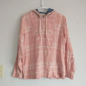 LL Bean Sweatshirt Hoodie Popover Women's L Pink Plaid Linen Blend Long Sleeve - Picture 1 of 10