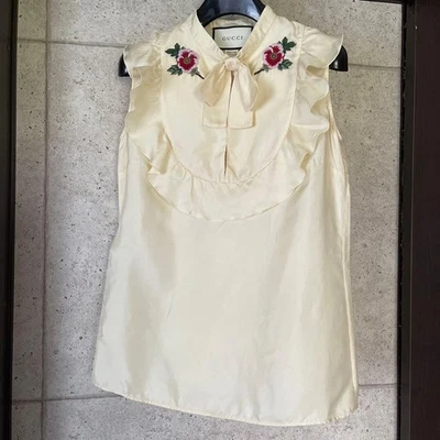 Gucci Floral Silk Sleeveless Blouse Ruffle Ribbon Embroidered Size 36 — 第 1/4 张图片