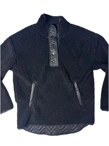ATHLETA Black Cozy Fuzzy Sherpa 1/2 Snap Pullover Quilted Sweatshirt Sz S/P - Picture 1 of 6