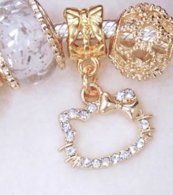 GOLDEN BOW LOVE MY HELLO KITTY CAT WHITE CZ BRACELET CHARM DANGLE BEAD & POUCH! - Image 1 of 4