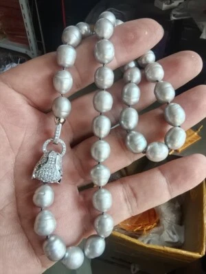 Auténtico Collar Grande 12-9mm Natural Gris BARROCO Perlas 18 Pulgadas 925 Foto 1 de 4