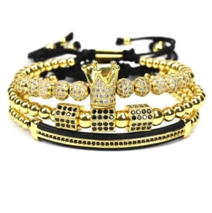 Luxury Men Micro Pave CZ Zircon Ball King Crown Braided Adjustable Bracelet 3pcs - Picture 1 of 7