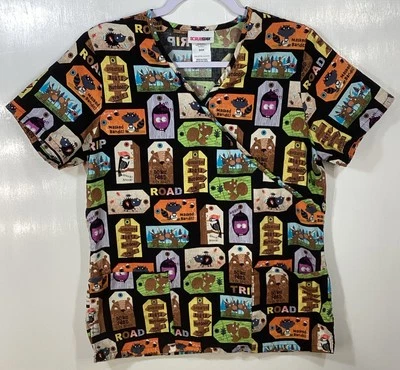 Scrub Top womens size S small Road Trip Owl Raccoon Squirrel Moose Bear Wildlife - Image 1 of 3