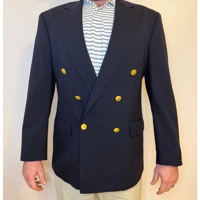 Blazer De Colección Polo University Club Para Hombres 46L Azul Marino Doble Pecho Lana Dorado EE. UU. Foto 1 de 4