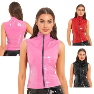 Women's PVC Leather Sleeveless Tank Top Shiny Mock Neck Zipper Vest Crop Tops - Picture 1 of 47