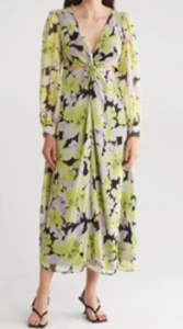 NWT Topshop Floral Cutout Twist Front Long Sleeve Chiffon Midi Dress Sz 4P Green - Picture 1 of 20
