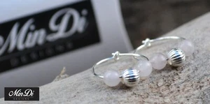 Earrings, pair of handmade hoop earrings with sterling silver & rose quartz. - Picture 1 of 3