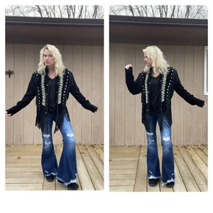 Leather Gallery Black Suede Fringed Jacket Ladies Large Beaded Stunning Suede - Picture 1 of 18