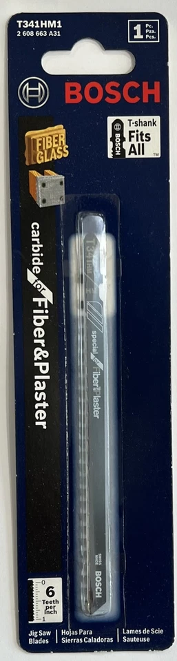 Hoja de sierra caladora Bosch T341HM1 vástago en T 6 TPI fibra y yeso, 5-1/4" Foto 1 de 1