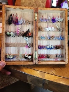 Fly Fishing Fly Box Wood, With Assorted Flys - Picture 1 of 15