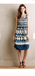 Maeve For Anthropologie Castalia Teal Blue & Tan Diamond Tassel Dress Size 2 - Picture 1 of 9