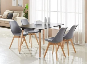 Rectangular Dining Table Set 4 Chairs PU Cushioned Seats Solid Wood Legs - Picture 1 of 12