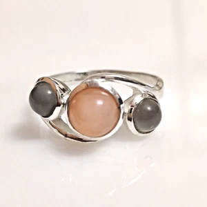 Natural Peach Gray Moonstone Ring 925 Sterling Silver 3 Stone Ring Birthday Gift - Picture 1 of 9