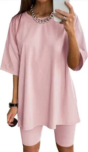 Womens 2 Pc Shorts Set Pink Short Sleeve Shirt Beach Casual Comfort NWT Simplee - Picture 1 of 11