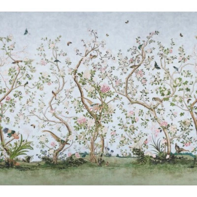 Schumacher Les Oiseaux Wallpaper (Color Sky) Mary McDonald chinoiserie floral  - Image 1 of 4