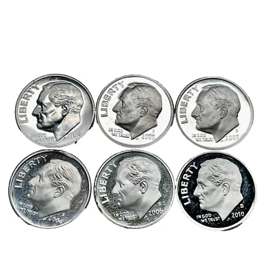 Lot Of 6: 1964 S - 2010 S Roosevelt Dimes Proof 90% Silver Gem Deep Cameo US 10c - Image 1 of 4
