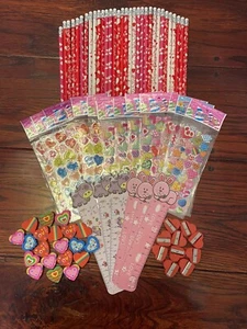 Valentine’s Lot 32 Pencils, 12 Stickers Packs 20 Erasers,6 Rulers, 10 Sharpeners - Picture 1 of 6