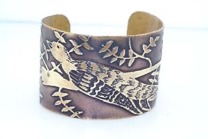 Artisan Arts & Crafts Style Wide Brass Cuff Bracelet Bird in Branch 