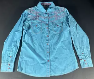 Cowgirl Up Embroidered Embellished Pearl Snap Western Shirt Women Size Large - Picture 1 of 9
