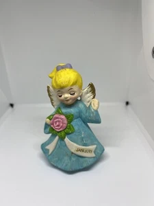 January Angel Blue Dress Yellow hair purple bow pink rose 4 1/2" tall - Picture 1 of 6