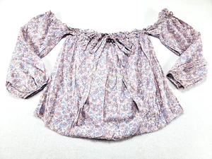 Vince Camuto Top Womens L Peach Pink Blue Floral Off Shoulder Bow Cotton Blend - Picture 1 of 7
