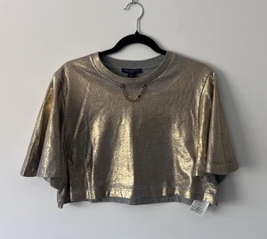 LOUIS VUITTON T-Shirt Gold LV Logo Kette Lamé Rundhals Kurzarm Cropped XL - Bild 1 von 6