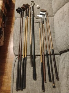 Antiker kompletter Satz Golfschläger mit Hickoryholzschaft und Ofenrohrtasche. - Bild 1 von 22