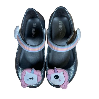 Mini Melissa Niña Plata Unicornio Plano Mary Jane Zapatos Talla US 8 Foto 1 de 4