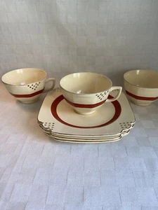 Homer Laughlin Century Shape Gold Stars Red Stripe Dessert Plates & Cups 7" SET - Picture 1 of 15