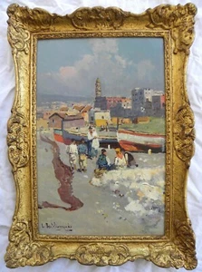 Luigi Bertolin Grande (Napoli 1912-1965) Figure sulla spiaggia OLIO cm 35x23 - Picture 1 of 14