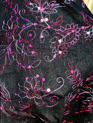 Black Fabric Embroidered Pink Flowers & Sequin Embellishments  54X54 New Superb - Image 1 of 4