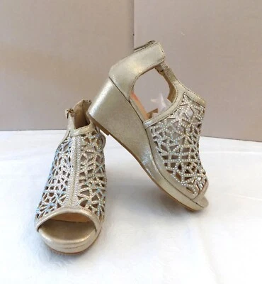 GB GIRLS Dillards Gold Metallic Lanie Wedge Open Toe Sandals 13 - 1 Gems Heels - Image 1 of 4